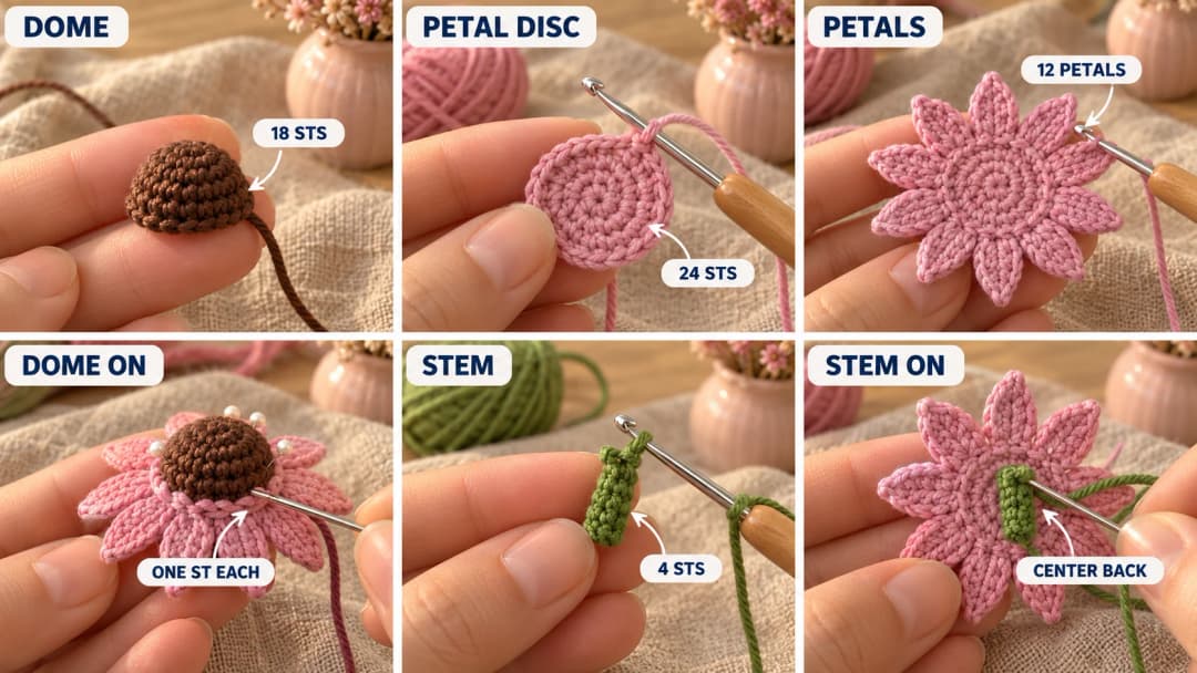 Step 1 of the crochet coneflower keychain in six photos: a small brown magic ring growing into a round brown dome, a flat dusty pink disc of single crochet, the petal round with twelve pointed pink petals around the edge, the brown dome pinned and whipstitched onto the center of the pink flower, a short thin green tube for the stem, and the stem sewn to the back of the flower