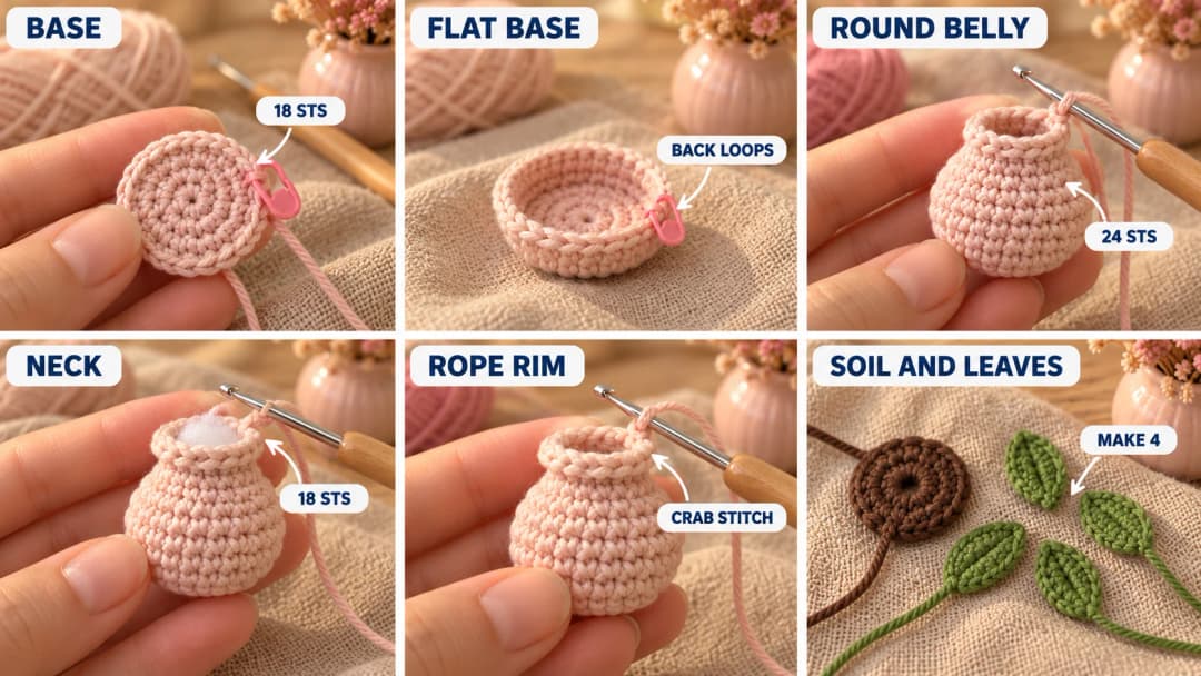 Step 2 of the crochet coneflower keychain in six photos: a flat blush circle of single crochet, the edge turned up in the back loops into a flat base, the round blush belly of the vase, the neck narrowing to 18 stitches, the hook working reverse single crochet into a twisted rope rim, and a small brown soil disc next to four little pointed green leaves