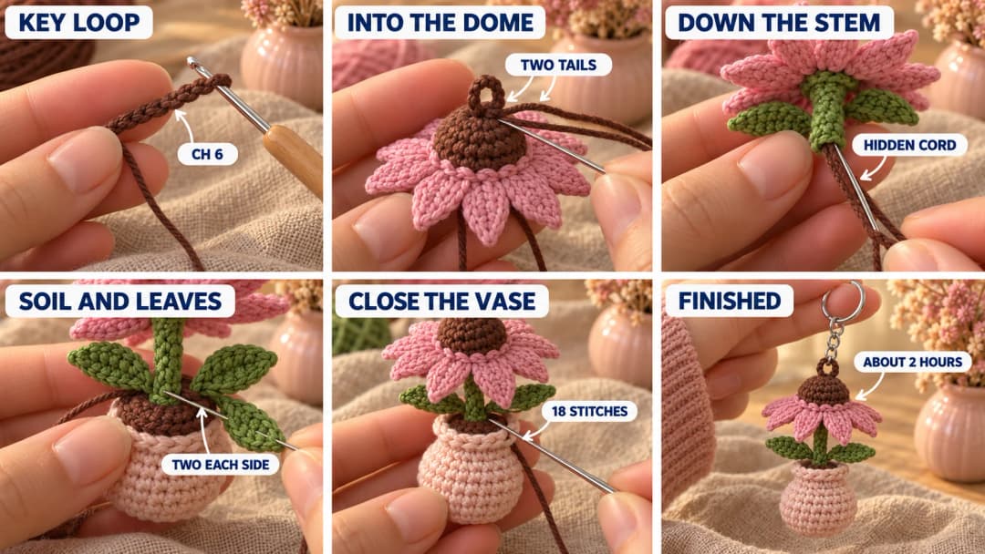 Step 3 of the crochet coneflower keychain in six photos: a short brown chain with a long tail at each end, both tails pushed into the top of the brown dome, the needle coming out of the bottom of the green stem, the stem sewn to the center of the brown soil disc with four leaves around it, the needle coming out through the center of the base of the blush vase, and the soil whipstitched inside the rope rim