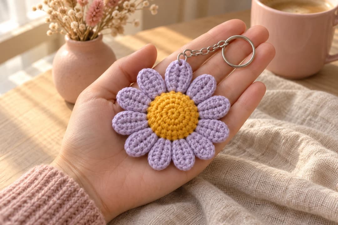 Lavender crochet daisy keychain resting in an open palm, with a raised golden yellow center, rounded outlined petals and a silver keychain attached to the top petal