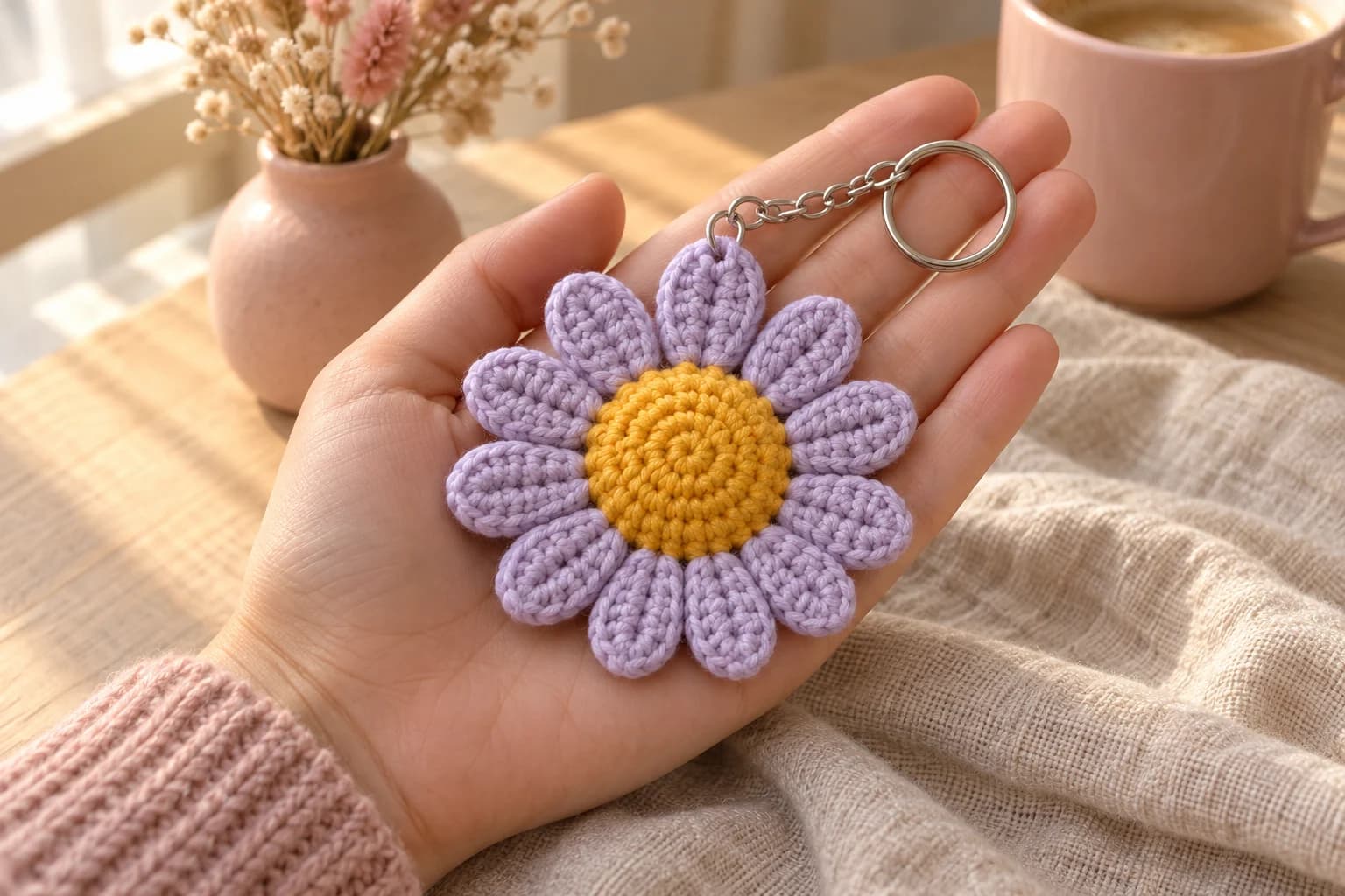 Crochet daisy flower keychain in an open palm: one lavender crochet daisy about 3¼ inches across, with a puffy domed golden yellow center and twelve rounded outlined petals, and a silver jump ring at the tip of the top petal holding a short chain and a key ring