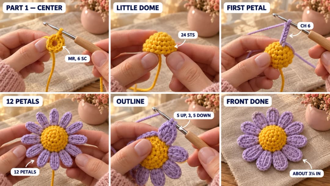 Step 1 of the crochet daisy flower keychain: a golden yellow magic ring on a 2.5 mm hook, the domed center of 24 stitches, the petal color joined with the first chain petal worked back down, twelve thin petals all around the yellow dome, and the outline round going up one side of a petal, around the tip and down the other side