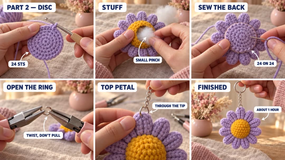 Step 2 of the crochet daisy flower keychain: the flat back disc worked to 24 stitches, a small pinch of stuffing in the back of the yellow dome, the disc whipstitched to the back of the center, pliers opening a jump ring, the jump ring going through the tip of the top petal, and the finished daisy hanging from a silver chain and key ring
