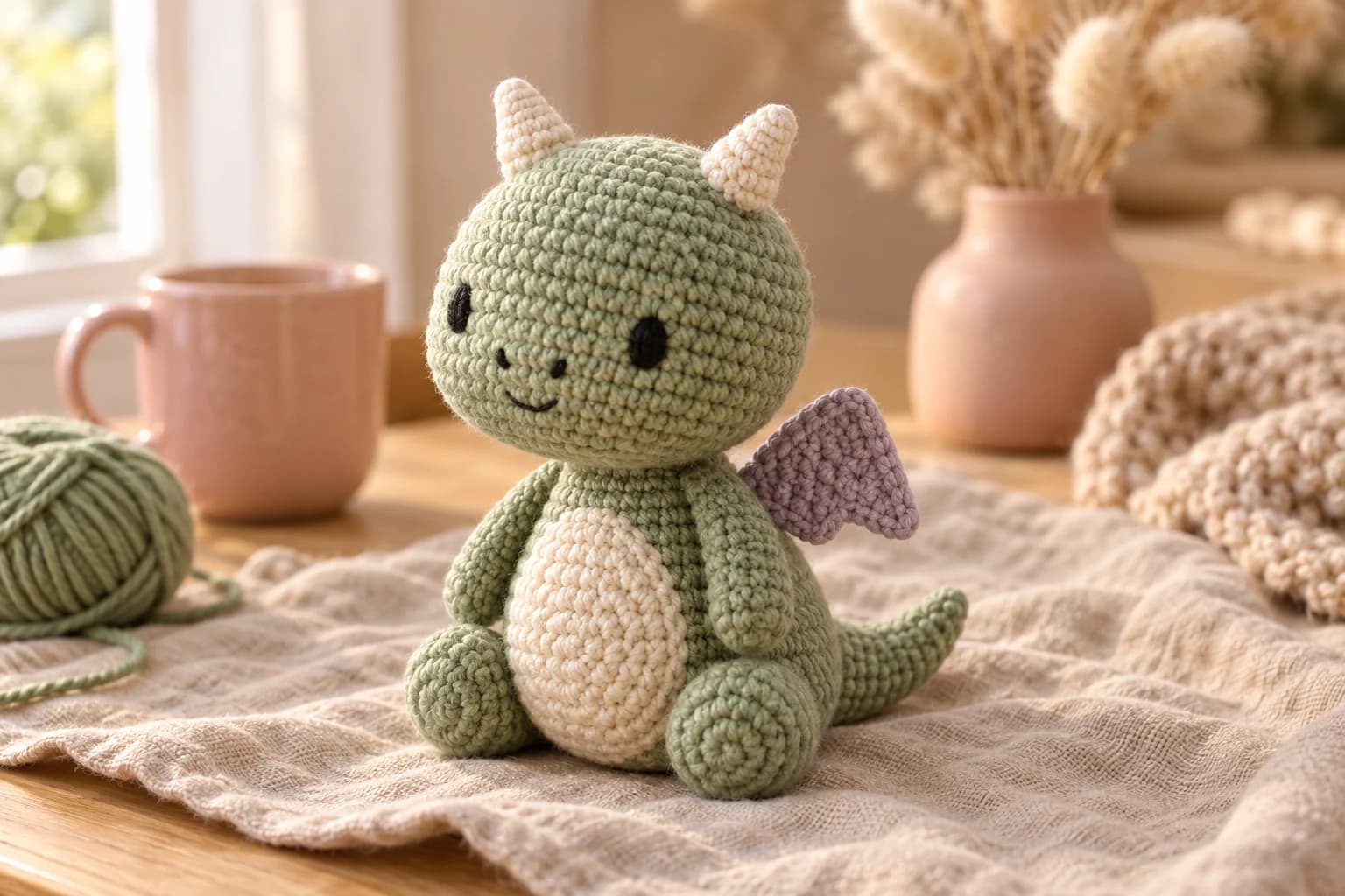 Crochet dragon amigurumi pattern: a mini sitting sage green crochet dragon in cotton yarn with a big round head, two small cream horns, embroidered black oval eyes, a tall cream oval belly, round feet with their spiral soles facing forward, a lavender wing peeking out behind one arm and a tapered tail curling out to the side, sitting on oatmeal linen in warm window light next to a blush pink mug, a ball of sage yarn and a pink vase of dried bunny tails
