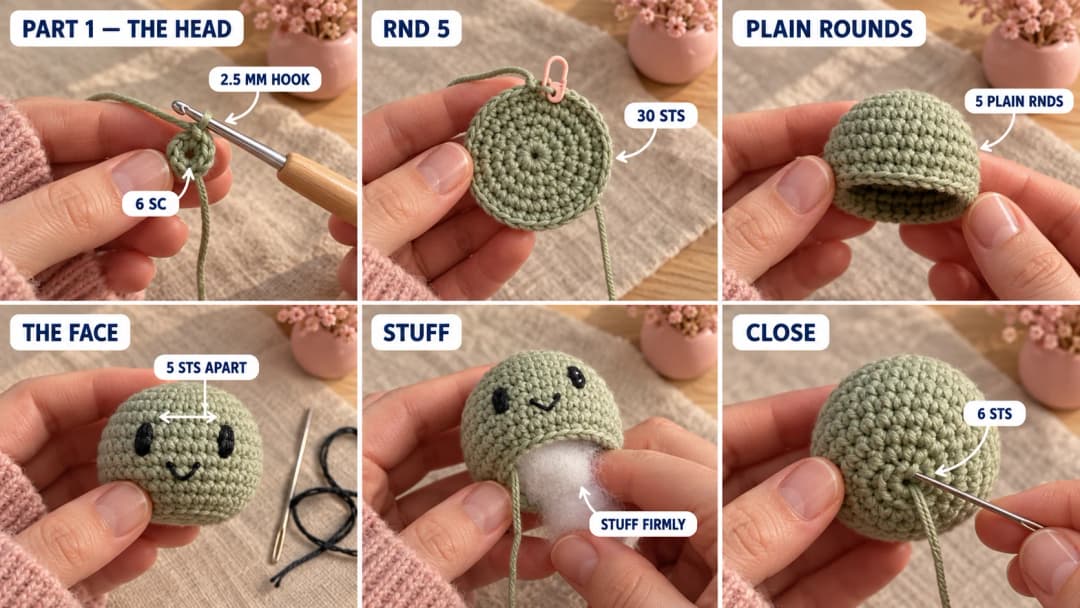 Step 1 of the crochet dragon amigurumi pattern: a sage cotton magic ring on a 2.5 mm hook, the head growing to a flat circle of 30 stitches, five plain rounds forming a dome, two black oval eyes and a small smile embroidered on the open dome, 5 stitches apart, and the head stuffed and closed into a round ball