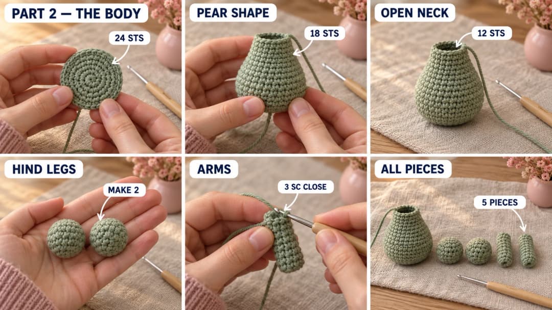 Step 2 of the crochet dragon amigurumi pattern: a flat sage circle of 24 stitches for the sitting base, the body growing into a pear shape and narrowing to an open 12-stitch neck with a long tail, two small round stuffed hind feet, a thin arm closed flat with 3 single crochet, and the five pieces lined up