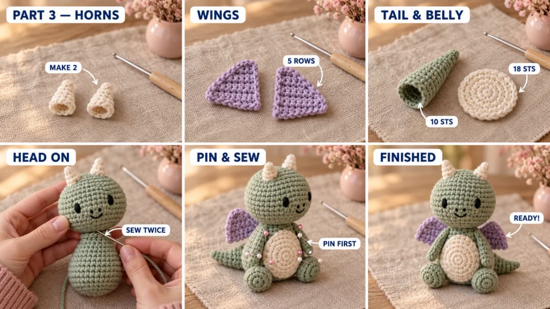 Step 3 of the crochet dragon amigurumi pattern: two small cream horns, two flat lavender triangle wings, a tapered sage tail with a 10-stitch opening and a small cream belly patch, then the head sewn onto the open neck, the cream oval belly pinned on the front, and the finished mini dragon sitting with her wings peeking out on each side