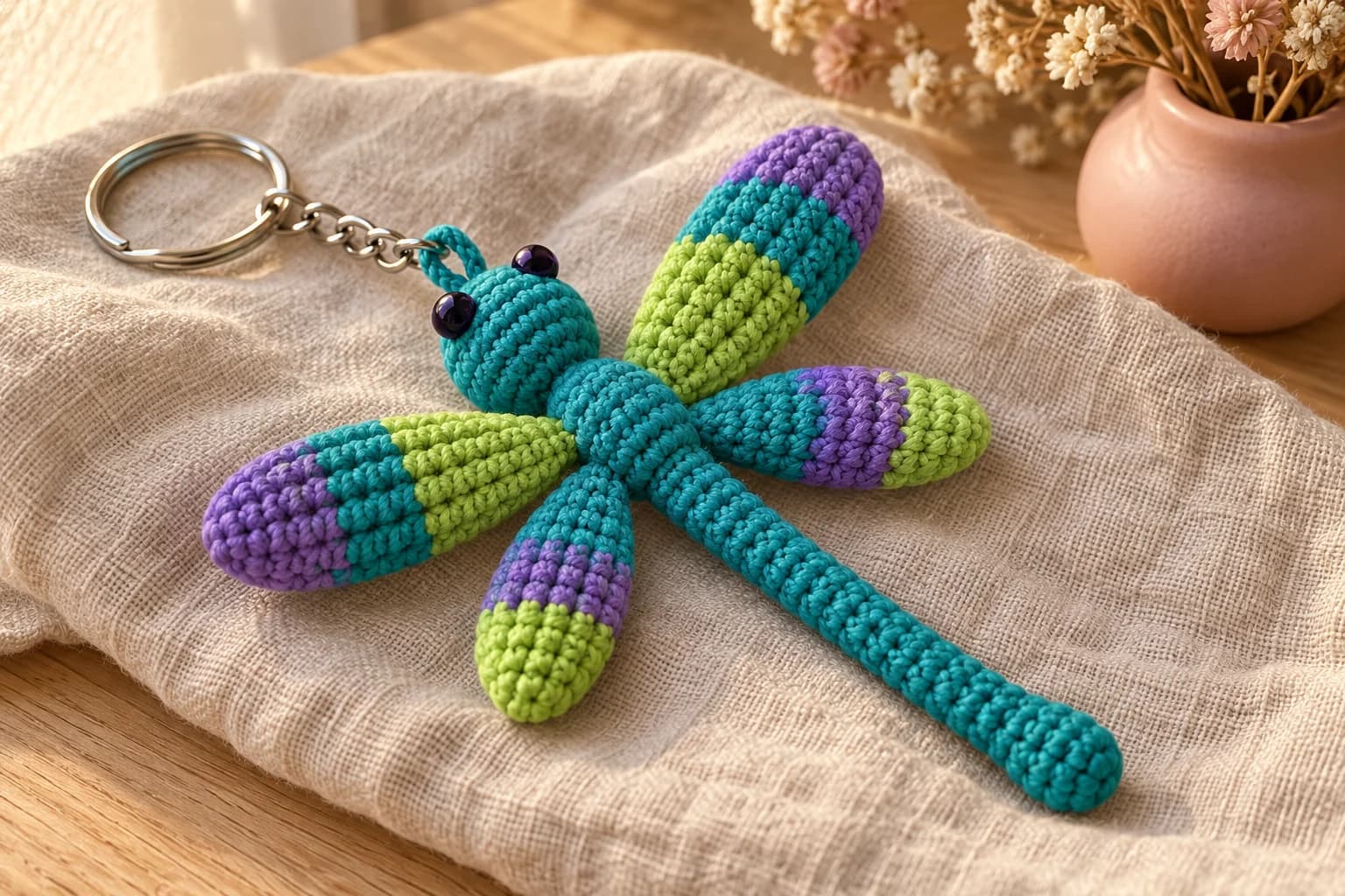 Crochet dragonfly keychain on oatmeal linen: a teal crochet dragonfly with a round head, two small dark purple eyes, a long thin segmented tail, and four plump oval wings banded in green, teal and purple, hanging from a silver key ring by a short chain at the head