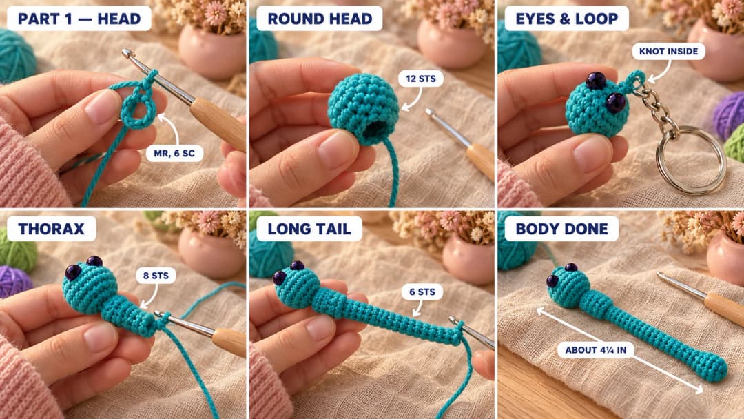 Step 1 of the crochet dragonfly keychain: a teal magic ring on a 2.5 mm hook, the round head growing to 12 stitches, two small dark eyes set between rounds 2 and 3, a short teal loop on a silver keychain knotted inside the front of the head, the narrow neck, the thorax of 8 stitches, and the long thin tail of 6 stitches ending in a slightly rounded tip