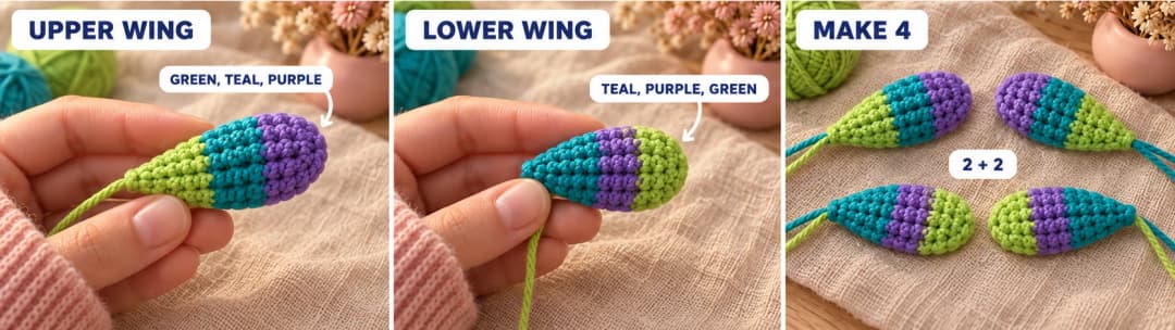 Step 2 of the crochet dragonfly keychain: the finished upper wing, a small lightly stuffed oval banded green at the narrow base, teal in the middle and purple at the round tip, the lower wing banded teal at the base, purple and green at the tip, and the four wings laid out in pairs with their sewing tails at the base