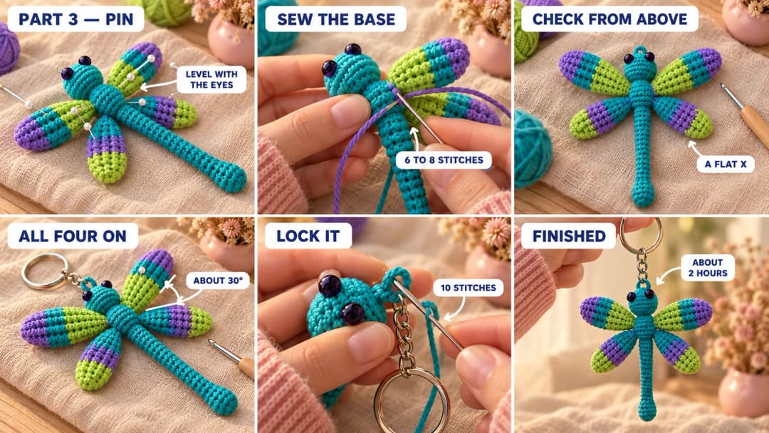 Step 3 of the crochet dragonfly keychain: the upper wings pinned to the sides of the thorax angled toward the head and the lower wings angled toward the tail, the dragonfly seen from above with the wings forming a flat X, the wing bases sewn on, small stitches locking the key ring loop at the front of the head, and the finished dragonfly hanging from its key ring