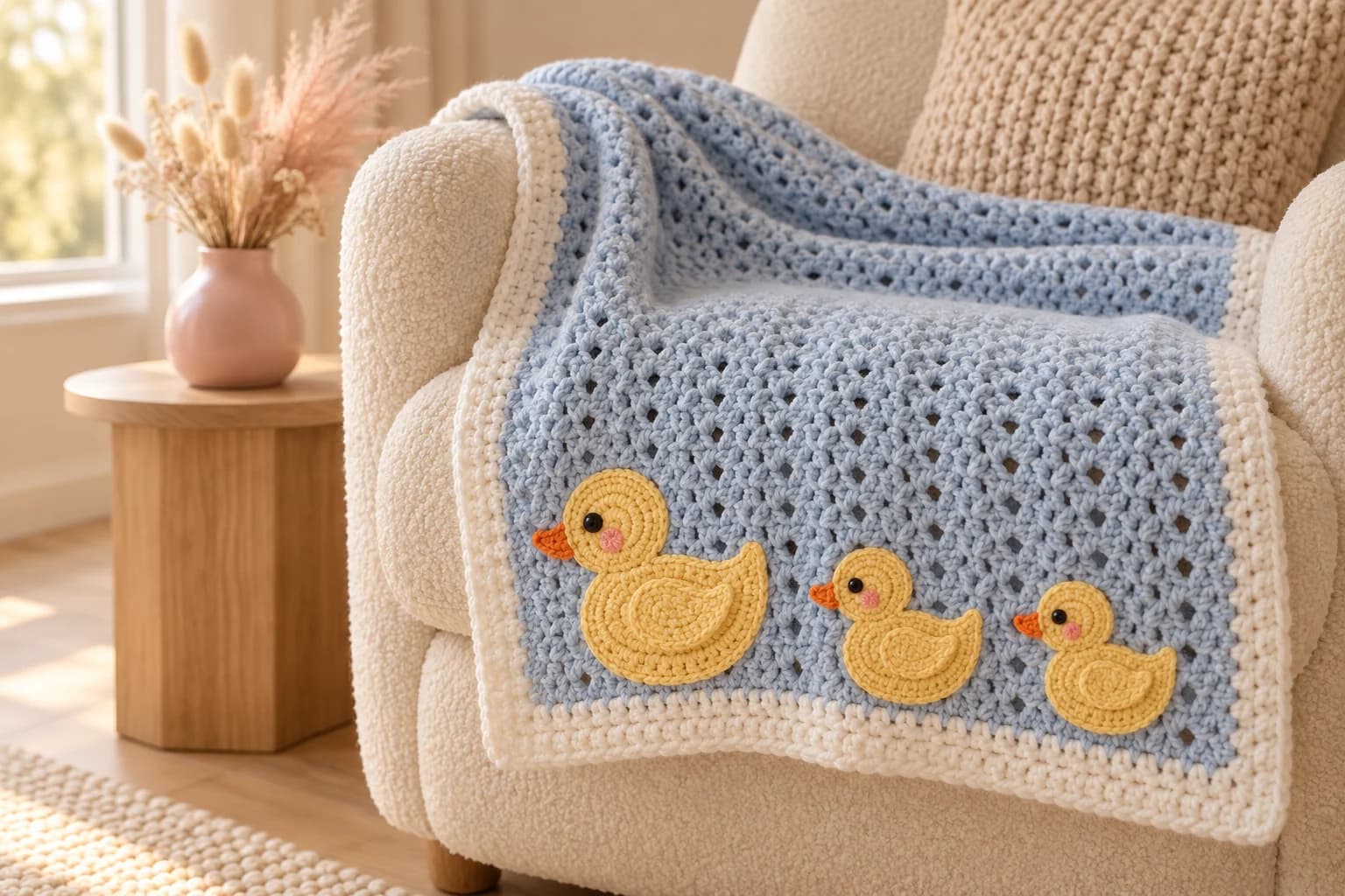 Crochet duck baby blanket pattern: a soft baby blue crochet blanket in rows of V-stitch with a white single crochet border, draped over the arm and seat of a cream bouclé nursery armchair, with a large yellow duck and two little yellow ducklings with orange beaks and pink cheeks walking in a row along the bottom edge, next to a beige knit cushion and a blush pink vase