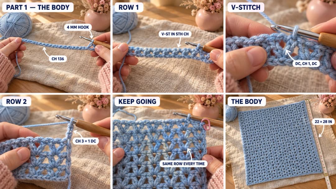Step 1 of the crochet duck baby blanket pattern: a blue foundation chain on a 4 mm hook, the first row of V-stitches, a close-up of a V-stitch worked into the chain space of the V below, the turning chain at the start of a row, the blanket body growing in neat rows of V-stitch, and the finished blue body laid flat