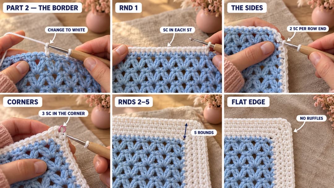 Step 2 of the crochet duck baby blanket pattern: white yarn joined at the end of the last blue row, the first white round of single crochet along the top, two single crochet worked into each row end down the side, a three-stitch corner with a stitch marker, the border growing to five rounds, and the finished white border lying flat