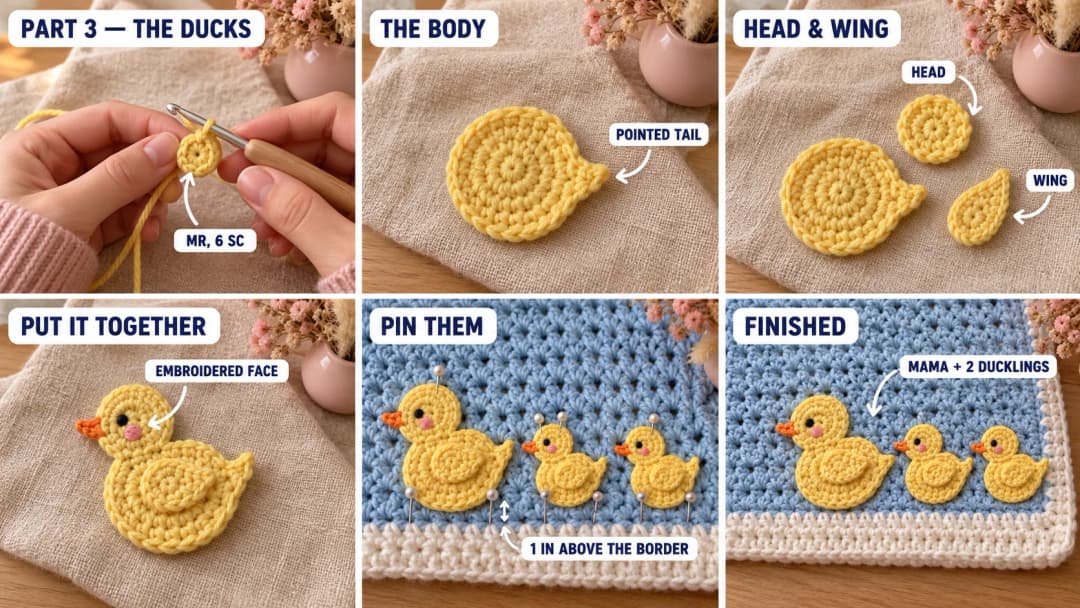 Step 3 of the crochet duck baby blanket pattern: a yellow magic ring for the duck body, the round body with its pointed tail, the head and the teardrop wing, the head and wing sewn on with an embroidered orange beak, dark eye and pink cheek, the three ducks pinned along the bottom of the blanket, and the finished crochet duck baby blanket with its white border
