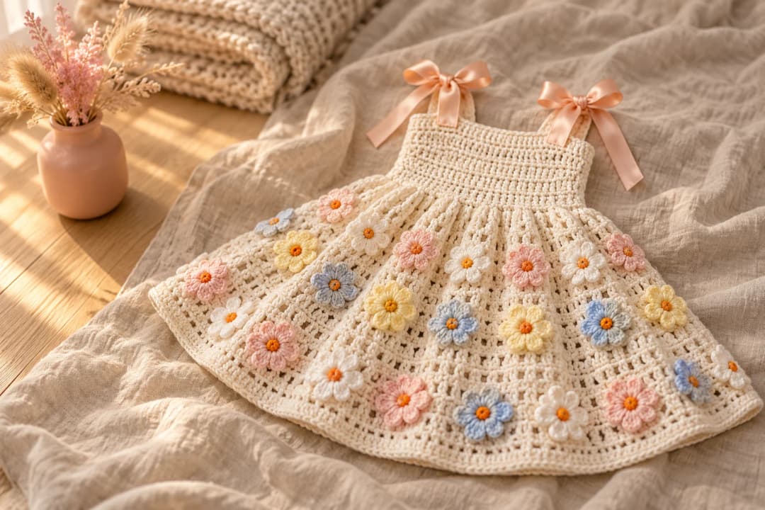 Crochet baby sundress pattern: a cream crochet baby sundress with a ridged bodice, a full flared skirt scattered with small five-petal flowers in white, butter yellow, blush pink and sky blue with orange centers, and peach satin ribbon straps tied in bows on the shoulders, laid flat on an oatmeal linen cloth next to a folded beige knit blanket and a blush pink ceramic vase