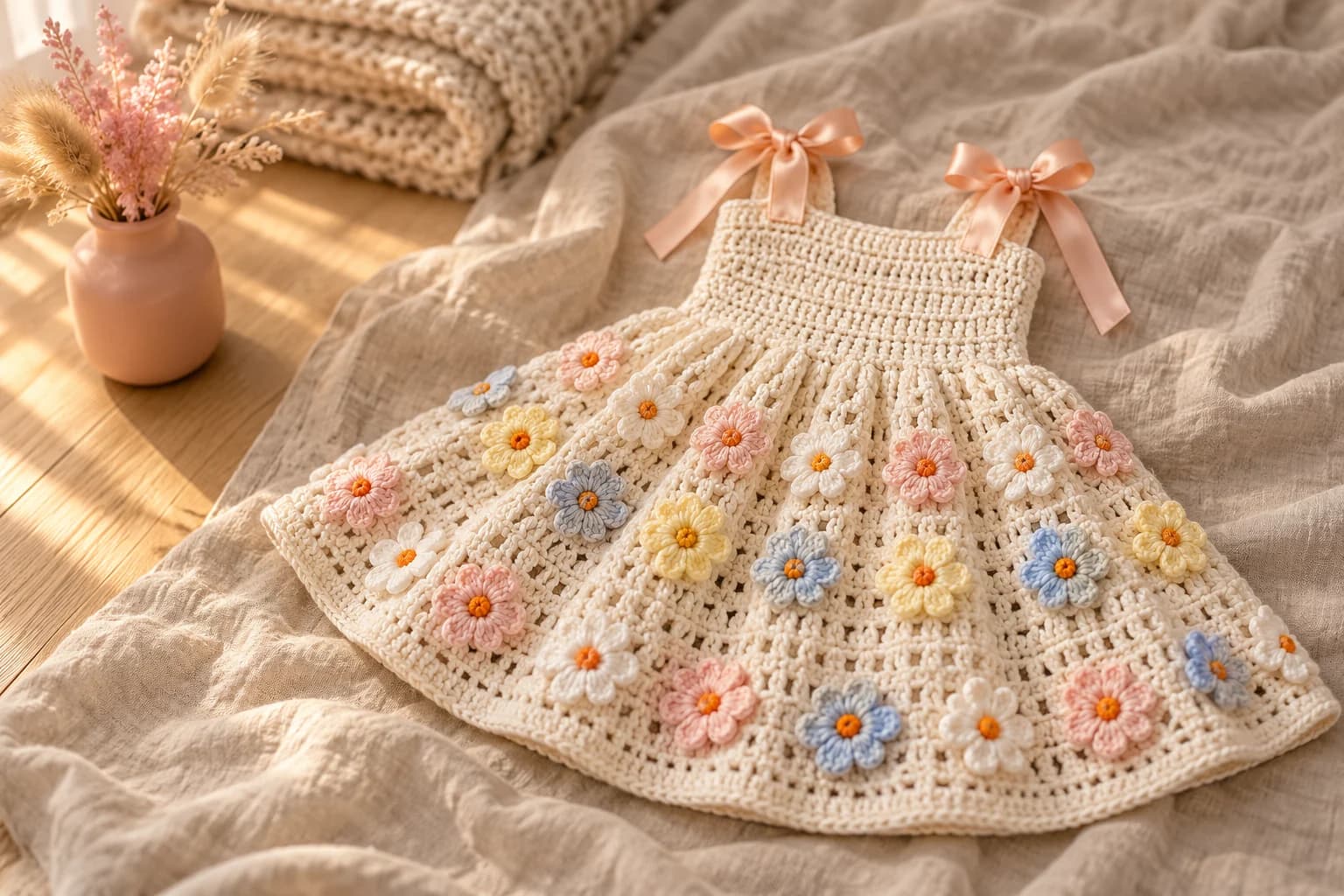 Crochet baby sundress pattern: a cream crochet baby sundress with a ridged bodice, a full flared skirt scattered with small five-petal flowers in white, butter yellow, blush pink and sky blue with orange centers, and peach satin ribbon straps tied in bows on the shoulders, laid flat on an oatmeal linen cloth next to a folded beige knit blanket and a blush pink ceramic vase
