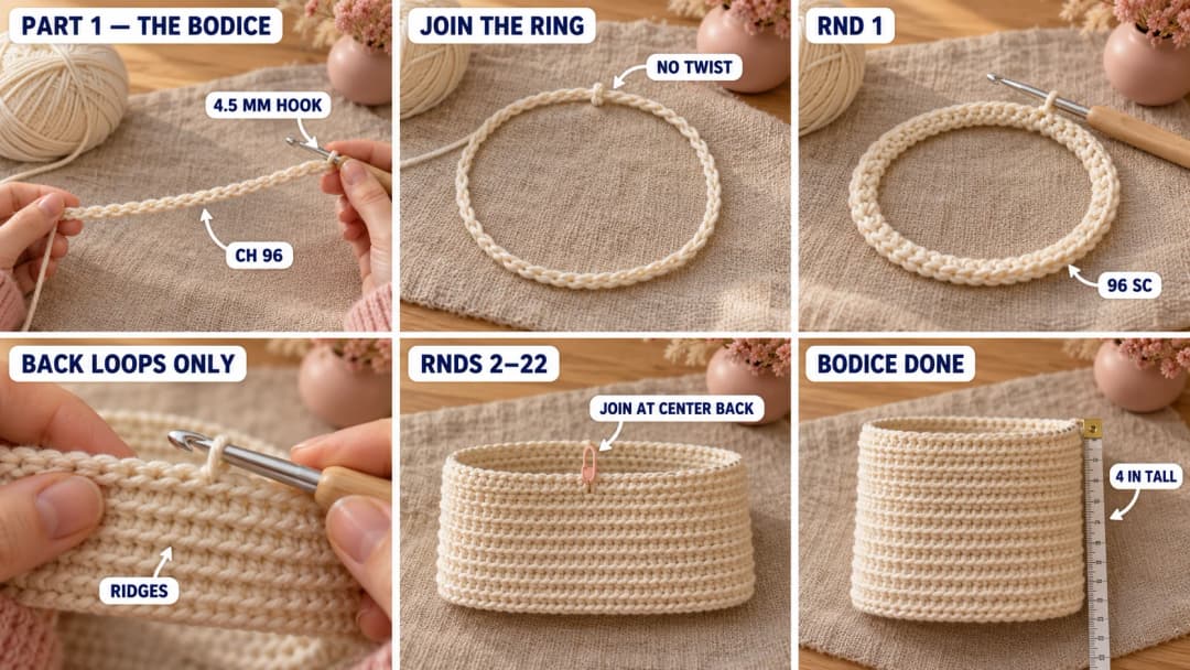 Step 1 of the crochet baby sundress pattern: a cream foundation chain on a larger hook, the chain joined into a ring without a twist, the first round of single crochet, the back loop rounds making horizontal ridges, the bodice tube growing, and the finished cream bodice measured with a tape