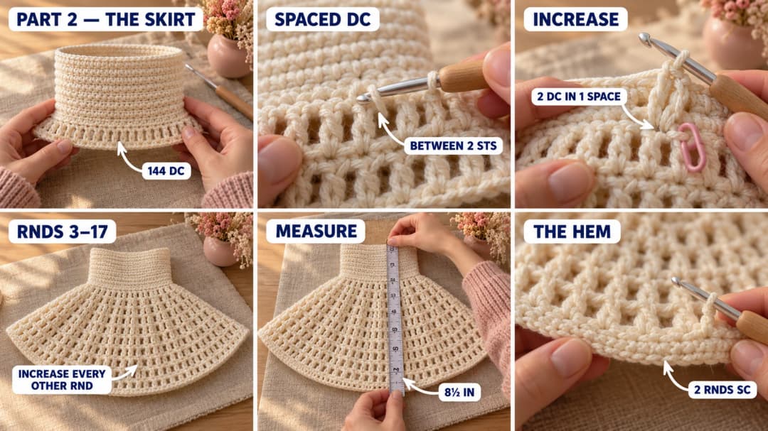 Step 2 of the crochet baby sundress pattern: the first double crochet round worked under the cream bodice, spaced double crochet worked between two stitches, an increase with two stitches in one space, the skirt flaring out round by round, the skirt length measured from the waist, and the two single crochet hem rounds