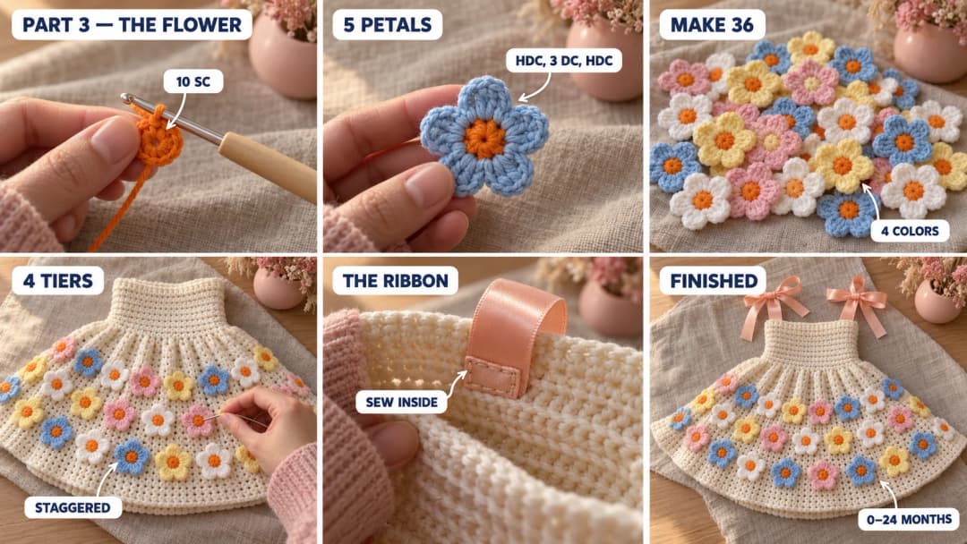 Step 3 of the crochet baby sundress pattern: an orange magic ring of ten single crochet, five rounded petals worked around it, a pile of pastel flowers in four colors, flowers pinned in staggered tiers on the cream skirt, a peach satin ribbon sewn inside the bodice top edge, and the finished crochet flower baby sundress with ribbon bows on the shoulders