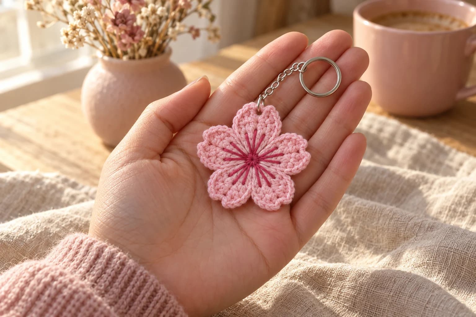 Crochet flower keychain in an open palm: a flat light pink crochet cherry blossom about 2¼ inches across, with five rounded petals each notched at the tip, a crisp outline round, fifteen raspberry straight stitches radiating from the center to the middle of the petals, and a silver jump ring at the tip of the top petal holding a short chain and a key ring