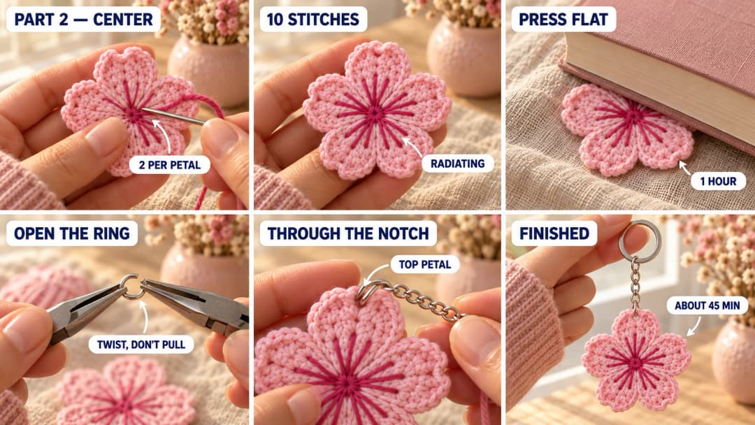 Step 2 of the crochet flower keychain: raspberry straight stitches radiating from the center of the pink flower to the middle of the petals, three for each petal, the flower pressed flat under a book, pliers opening a silver jump ring, the jump ring going through the notch of the top petal, and the finished cherry blossom hanging from a silver chain and key ring
