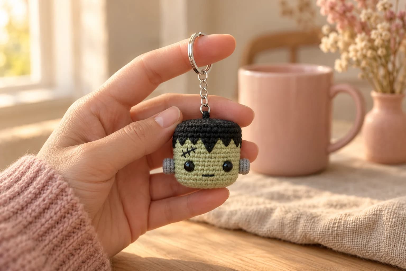 Crochet Frankenstein keychain held up by its key ring: a mini green amigurumi monster head with a flat black top and a jagged black fringe, two small black eyes, a stitched scar on the forehead, a tiny mouth and a little grey bolt on each side, hanging from a silver split ring and a short chain