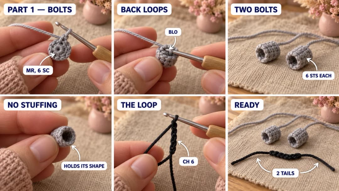 Step 1 of the crochet Frankenstein keychain: a grey magic ring on a 2.5 mm hook, two tiny grey cylinders of 6 stitches with long sewing tails, and a short black chain of 6 with a long tail at each end, all lying on oatmeal linen