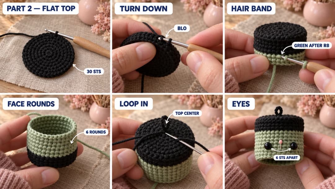Step 2 of the crochet Frankenstein keychain: a black magic ring growing into a flat black disc, the edge turned down in the back loops, two black rounds for the hair band, the green face rounds worked straight down into an open tube, the chain loop threaded through the middle of the top, and two black safety eyes set 6 stitches apart on the green face