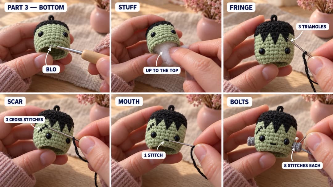 Step 3 of the crochet Frankenstein keychain: the bottom edge worked in the back loops, the head stuffed firmly, three filled black triangles making a jagged fringe, a slanted black scar with three cross stitches over the forehead, a tiny straight black mouth, and a grey bolt being whipstitched to each side of the head