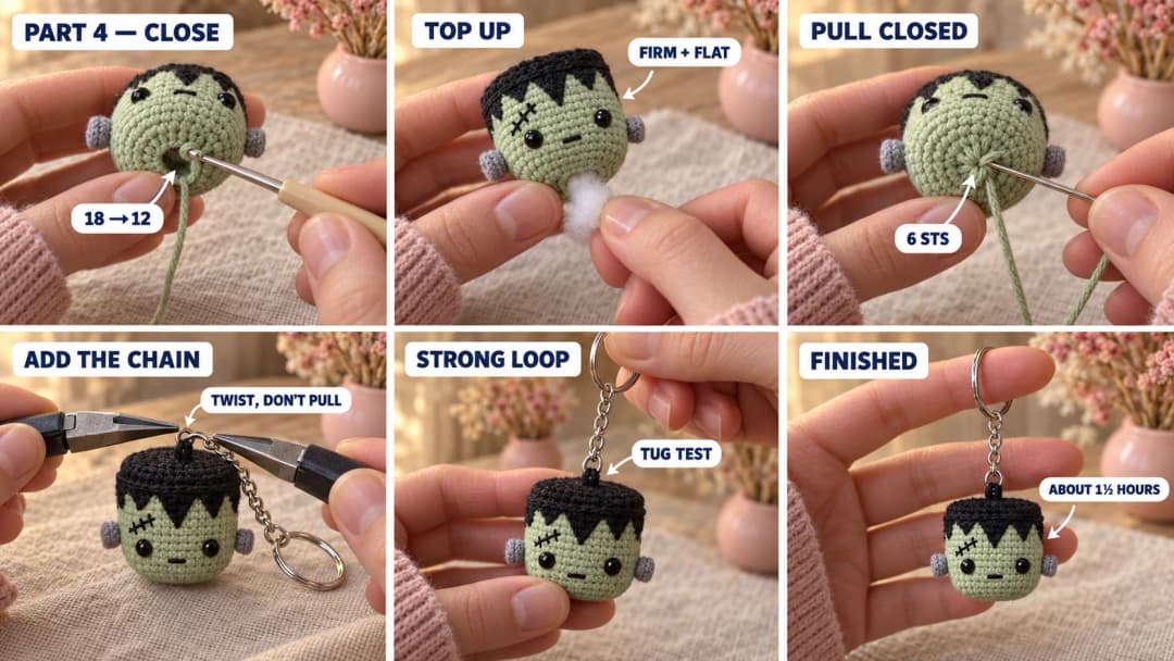 Step 4 of the crochet Frankenstein keychain: the hook closing the bottom of the green head, a tapestry needle pulling the last 6 stitches closed, the jump ring at the end of the key chain closed through the short black loop at the middle of the flat top, and the finished mini monster head hanging from its ring with its jagged fringe, scar, little bolts and tiny mouth