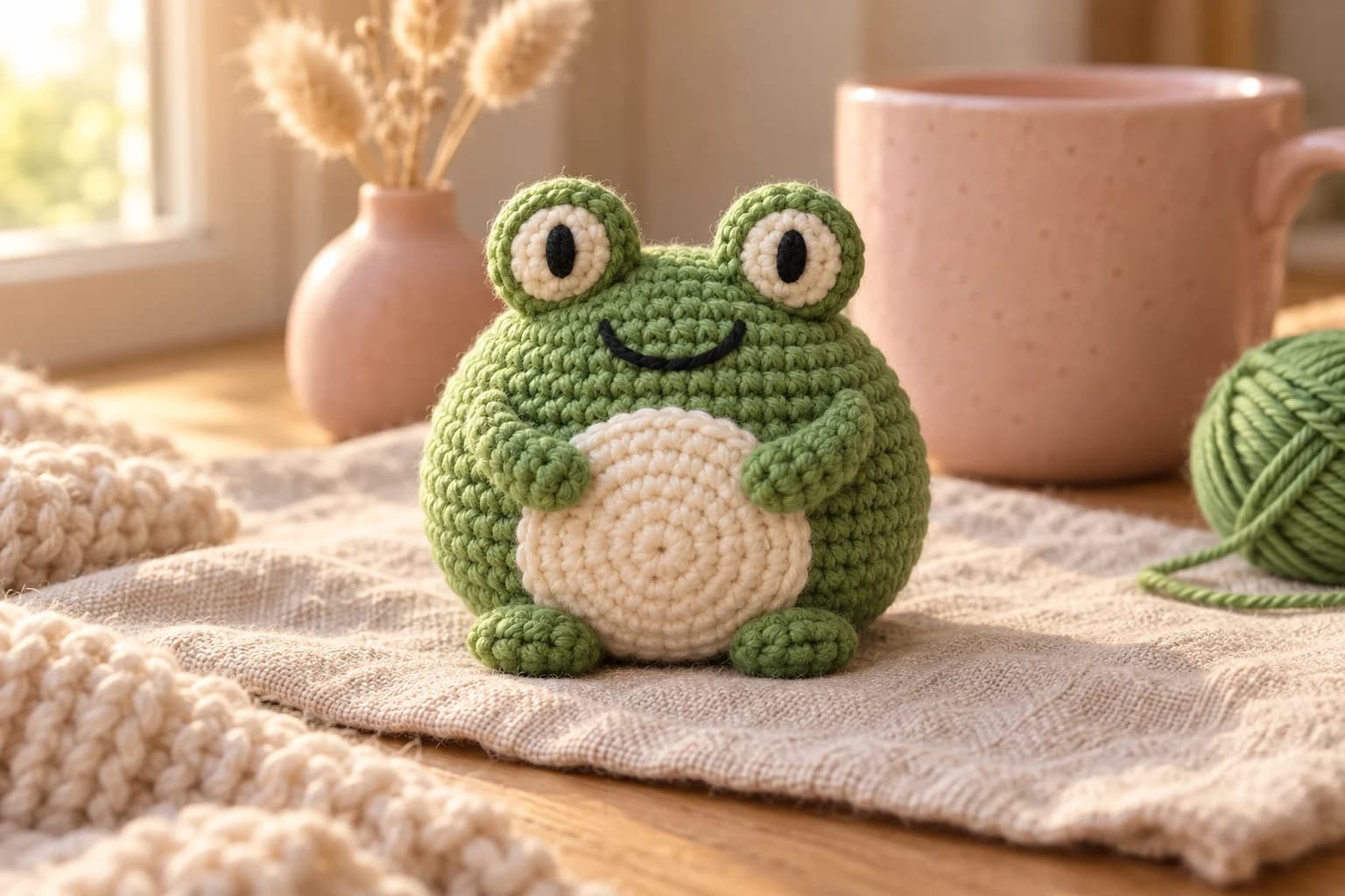 Crochet frog amigurumi pattern: a mini round green crochet frog in cotton yarn with two big eye bumps on top, cream eye whites with black oval pupils, a wide black embroidered smile, a big round cream belly, two little green feet poking out in front and two arms curling around to hold the belly, sitting on oatmeal linen in warm window light next to a blush pink speckled mug, a ball of green yarn and a pink vase of dried bunny tails