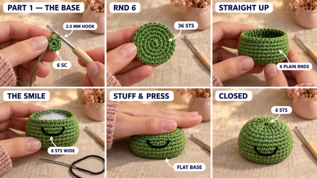 Step 1 of the crochet frog amigurumi pattern: a green cotton magic ring on a 2.5 mm hook, a flat green circle of 36 stitches for the base, six plain rounds rising straight up, a wide black U-shaped smile embroidered 6 stitches across, and the body stuffed into a wide round bun with a flat base