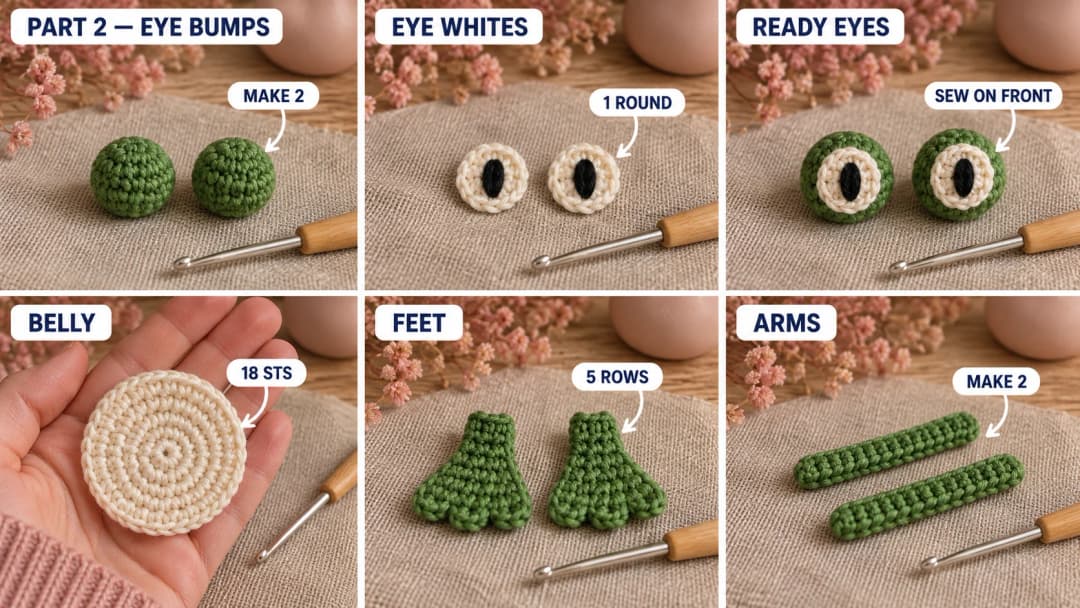 Step 2 of the crochet frog amigurumi pattern: two small stuffed green eye bumps, two cream one-round circles with black oval pupils sewn to their fronts, a flat cream belly circle of 18 stitches, two flat green feet with three little toes, worked in rows from a narrow heel, and two long thin unstuffed arms