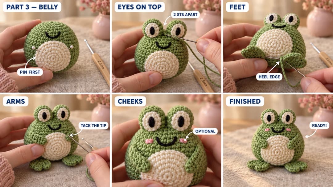 Step 3 of the crochet frog amigurumi pattern: the cream belly pinned under the smile, the two eye bumps sewn upright on top of the head 2 stitches apart, the toes of the feet sewn under the body pointing forward, the long arms curled around to the belly with tiny pink cheeks beside the smile, and the finished mini frog sitting on its flat base