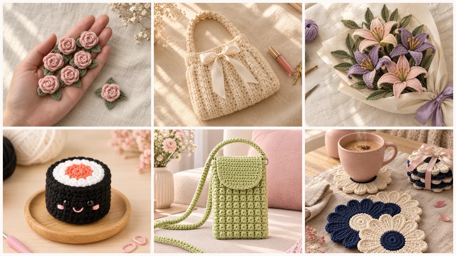 Six handmade crochet gifts in a grid: blush pink mini roses in an open palm, a cream ribbed mini bag with a satin bow, a purple and pink lily bouquet in paper wrap, a kawaii sushi roll on a wooden plate, a green bobble phone bag, and navy and cream daisy coasters tied with a ribbon
