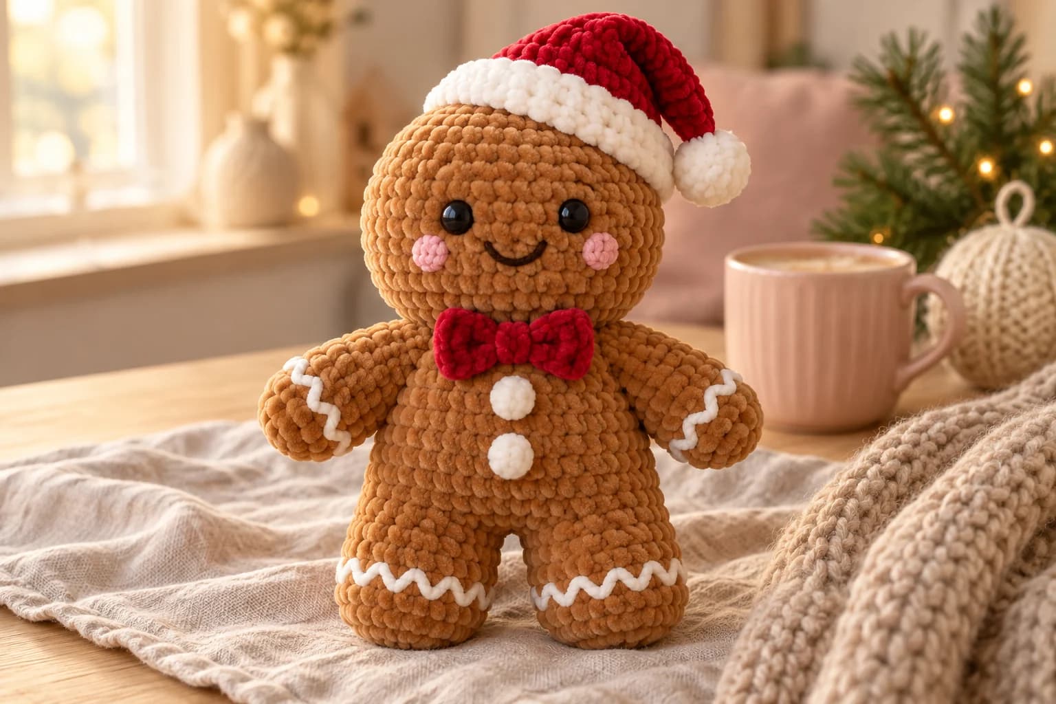 Crochet gingerbread man plush standing on an oatmeal linen cloth on a light oak table: a chubby caramel velvet-yarn gingerbread man with a big round head, two black eyes, a stitched smile and round pink cheeks, a red bow under his chin, two white buttons down his tummy and white zigzag icing around his hands and feet, wearing a red Santa hat with a thick white brim and its white pompom flopped to one side, a blush pink mug and a sprig of pine behind him