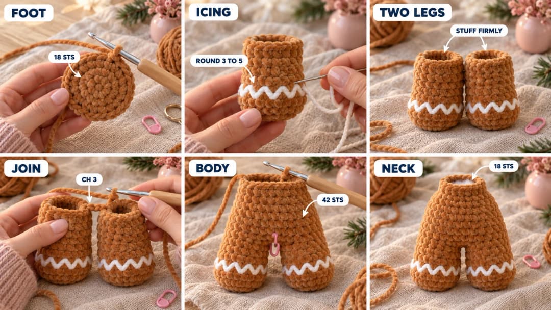 Step 1 of the crochet gingerbread man in six photos: a caramel velvet magic ring growing into a round foot, a short caramel leg with white zigzag icing around the foot, two stuffed legs side by side, the hook working a 3-chain bridge between the two legs, the body growing up from both legs in one piece with a contrast marker at center front, and the stuffed body with an open neck