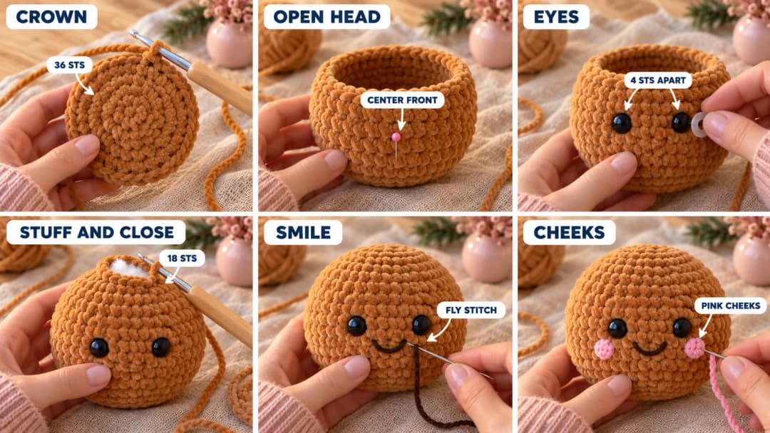 Step 2 of the crochet gingerbread man in six photos: a caramel velvet magic ring growing into a flat circle, the head rounding out into an open bowl, two black safety eyes pushed in 4 stitches apart, the head stuffed and narrowed to an 18-stitch neck opening, a needle stitching a small dark smile, and two little round pink cheeks sewn just below and outside the eyes