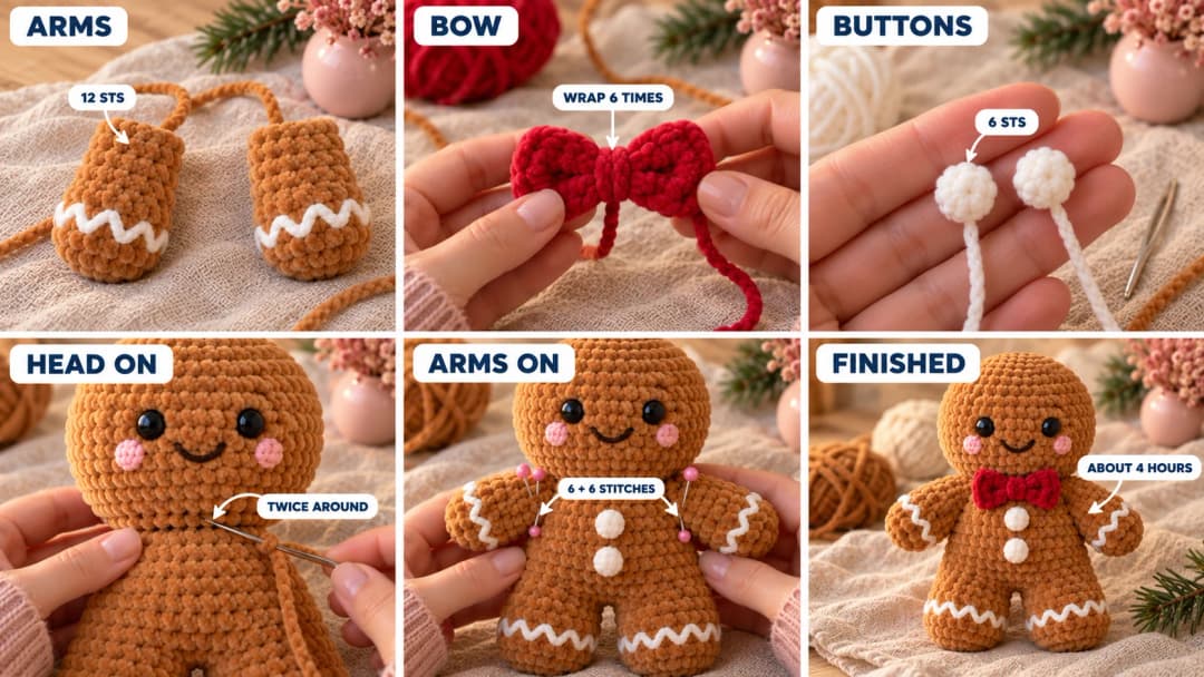 Step 3 of the crochet gingerbread man in six photos: two caramel velvet arms with white zigzag icing cuffs and flattened tops, a small red velvet bow with its tail wrapped around the middle, two little white velvet buttons, the head being whipstitched to the body at the neck, an arm pinned along the side of the body, and the gingerbread man with his red bow and two buttons on the center front line