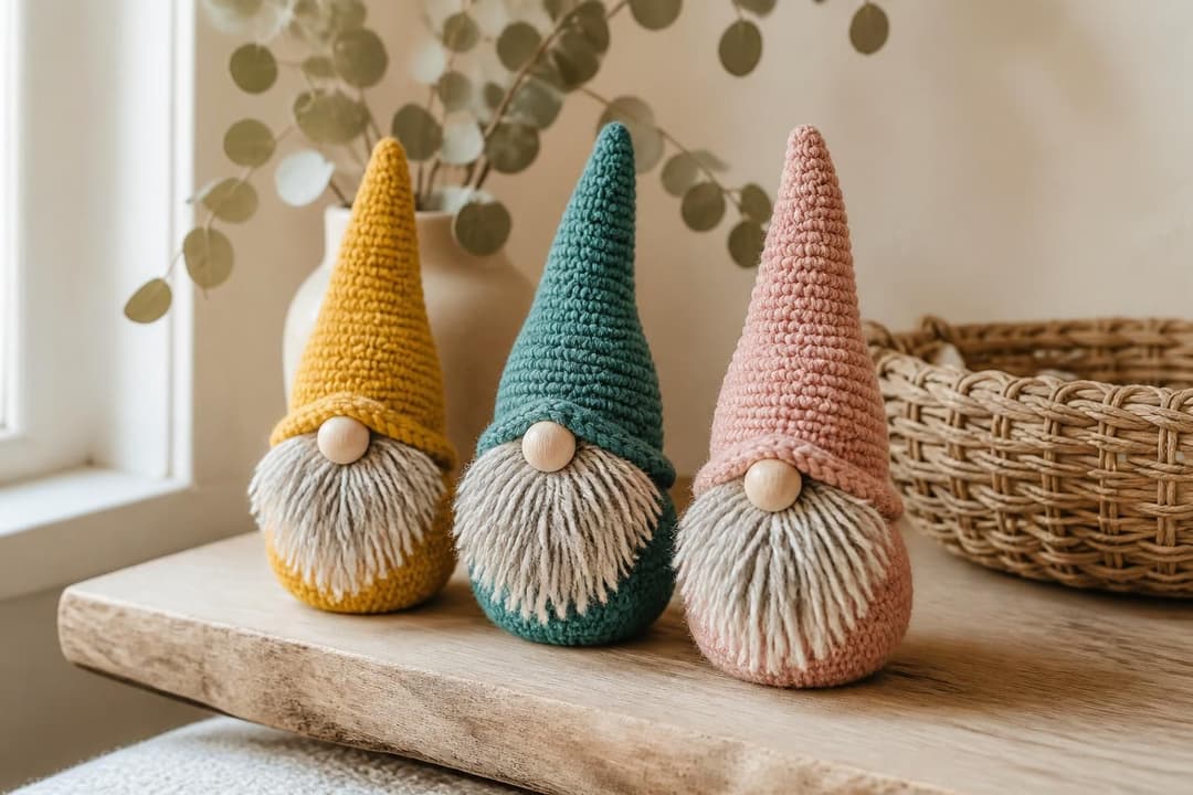 Three crochet gnomes with tall cone hats in mustard, teal and blush pink, cream fringe beards and wooden bead noses on an oak shelf