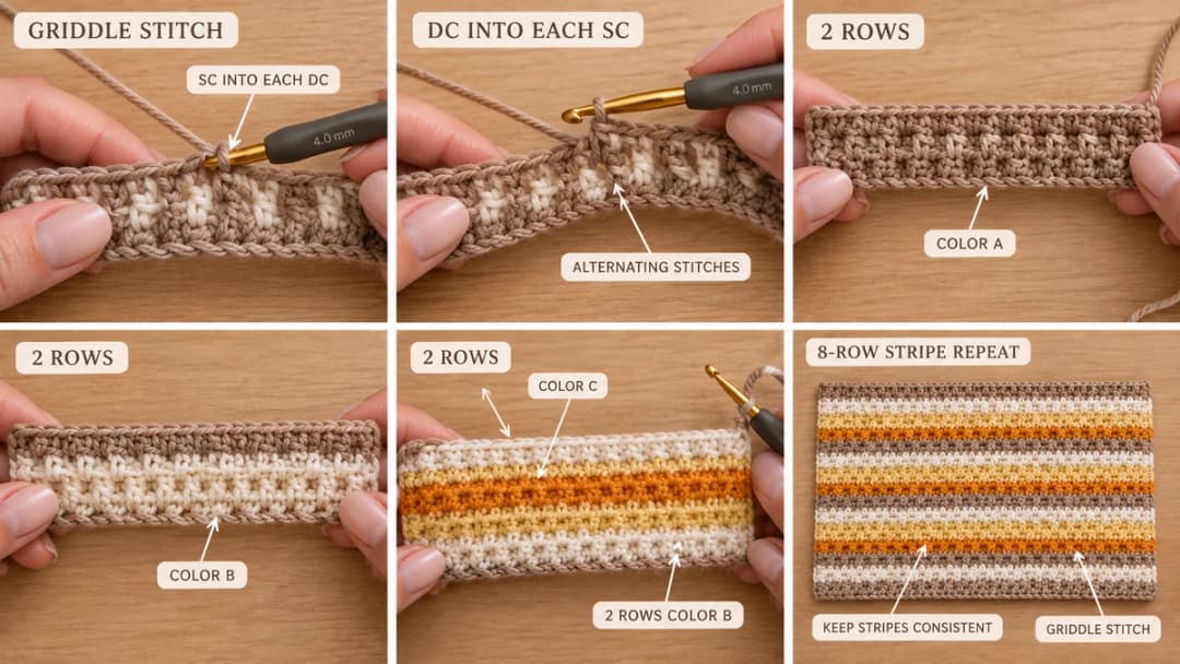 Six-step photo guide to griddle stitch and the stripe sequence: a single crochet into each double crochet, a double crochet into each single crochet, 2 rows of color A in taupe, 2 rows of color B in cream, the yellow and orange stripes, and the full 8-row stripe repeat