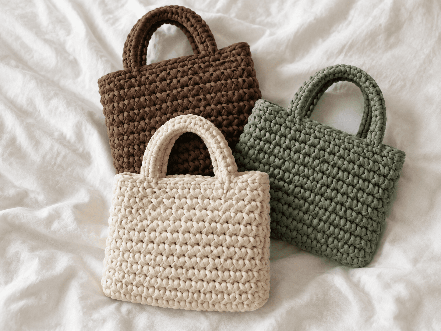 Trio of small chunky crochet handbags in brown, cream, and sage green on a white bedsheet with soft daylight