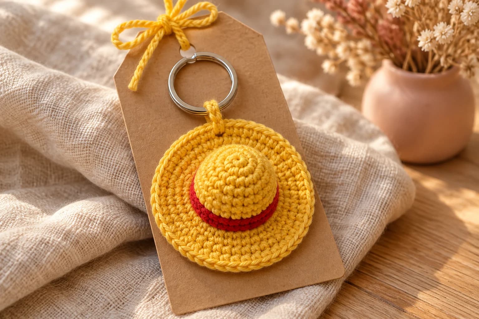 Crochet hat keychain on oatmeal linen: a mini sunny yellow crochet straw hat with a round domed crown, a red band around the base of the crown and a wide flat brim, hanging face-on from a silver key ring by a little loop at the back of the brim, on a kraft paper gift tag tied with a yellow yarn bow