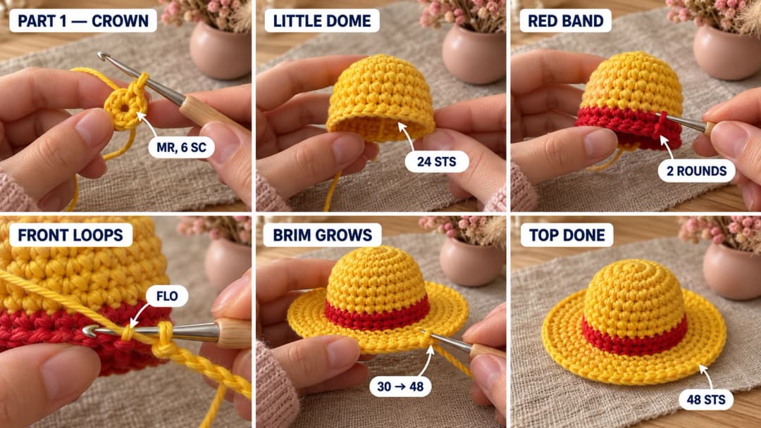 Step 1 of the crochet hat keychain: a yellow magic ring on a 2.5 mm hook, the crown growing into a small round dome of 24 stitches, two red rounds making the band at the base of the crown, the hook working the first yellow brim round in the front loops only, and the top of the brim finished flat at 48 stitches