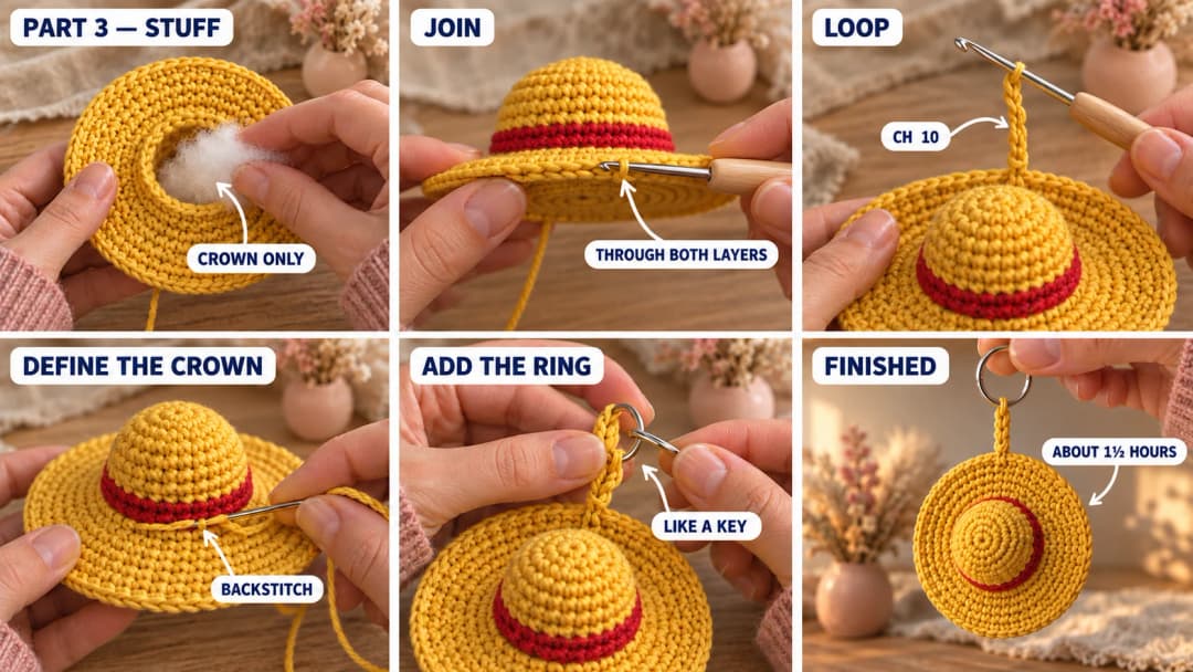 Step 3 of the crochet hat keychain: fingers pushing a small tuft of stuffing into the upturned crown, the disc held under the brim with the hook working single crochet through both layers, a short chain loop worked out of the back of the brim edge, a tapestry needle backstitching around the base of the crown just below the red band, a split ring wound onto the loop, and the finished yellow hat hanging face-on from its key ring