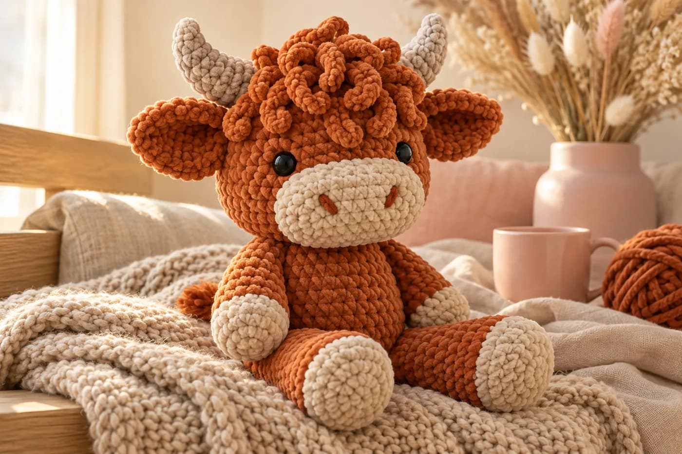 Crochet highland cow pattern: a sitting rust-orange plush highland cow in soft velvet chenille, with a coiled mound of chunky curls on top of its head, two curved light grey horns, big cupped rust ears, two black safety eyes, an oatmeal muzzle with two little stitched nostrils, oatmeal hooves on its arms and on the chunky legs stretched out in front and a fluffy tufted tail, sitting on a chunky beige knit throw in warm window light next to a blush pink mug, a ball of rust chenille and a pink vase of dried pampas