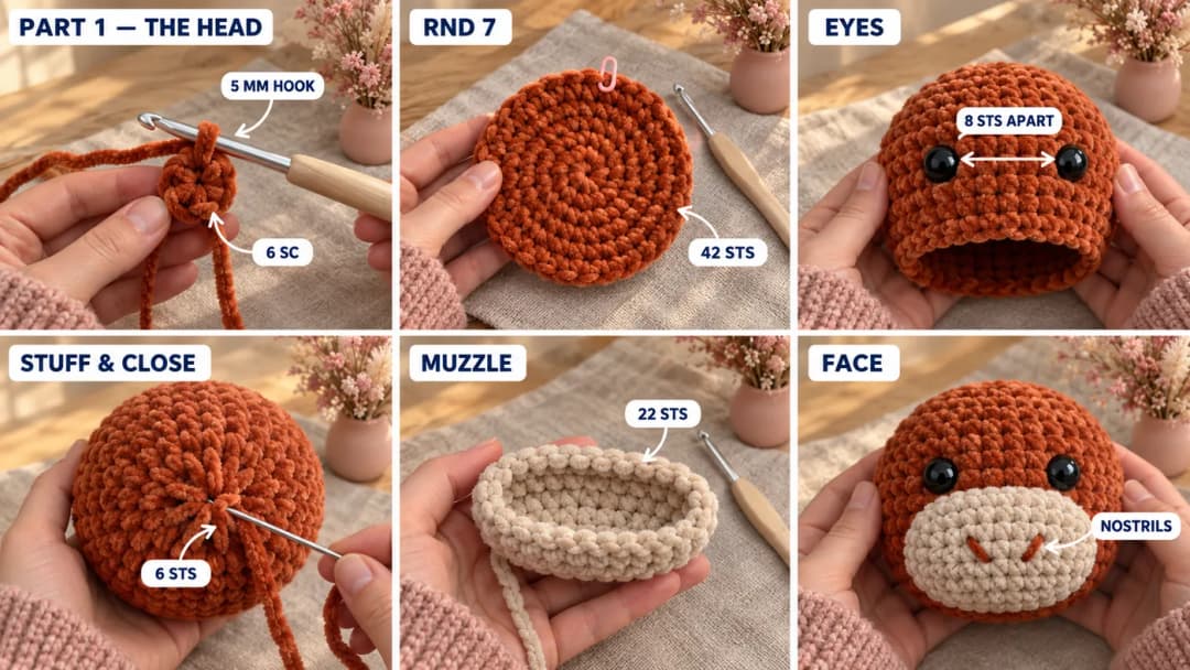 Step 1 of the crochet highland cow pattern: a rust chenille magic ring on a 5 mm hook, the head growing to 42 stitches and eight plain rounds, two black safety eyes set 8 stitches apart, the head stuffed and closed at the neck, an oatmeal oval muzzle worked around a chain of 5, and the muzzle sewn under the eyes with two little stitched nostrils