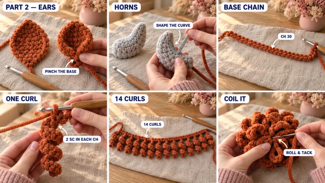 Step 2 of the crochet highland cow pattern: a rust chenille ear cupped and pinched at the base, a light grey horn with half double crochets on one side bending into a curve, a base chain of 30 with fourteen curls of 2 single crochet in each chain, and the strip rolled up into a round mound of curls