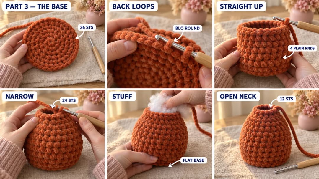 Step 3 of the crochet highland cow pattern: a flat rust chenille circle of 36 stitches, a back loop round making a flat base, the body growing straight up and narrowing to 24 stitches, the body stuffed firmly and sitting level, with a 12-stitch open neck and a long tail